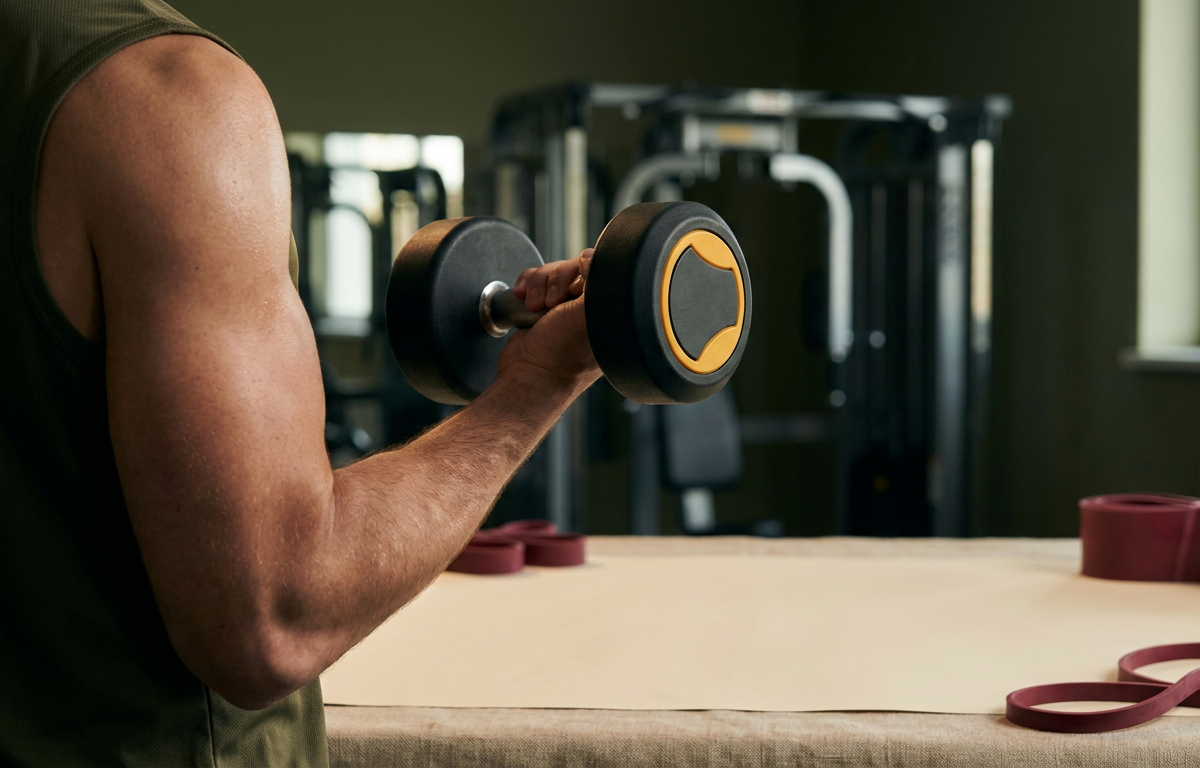 Atleta che stringe manubri in palestra, focus sulla presa e sulla tensione muscolare