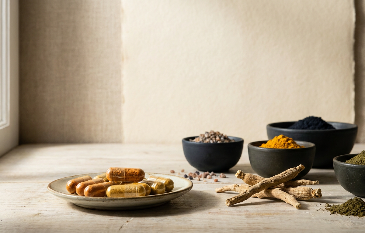 Dettaglio di estratti vegetali e capsule NuviaLab Vitality per la vitalità maschile