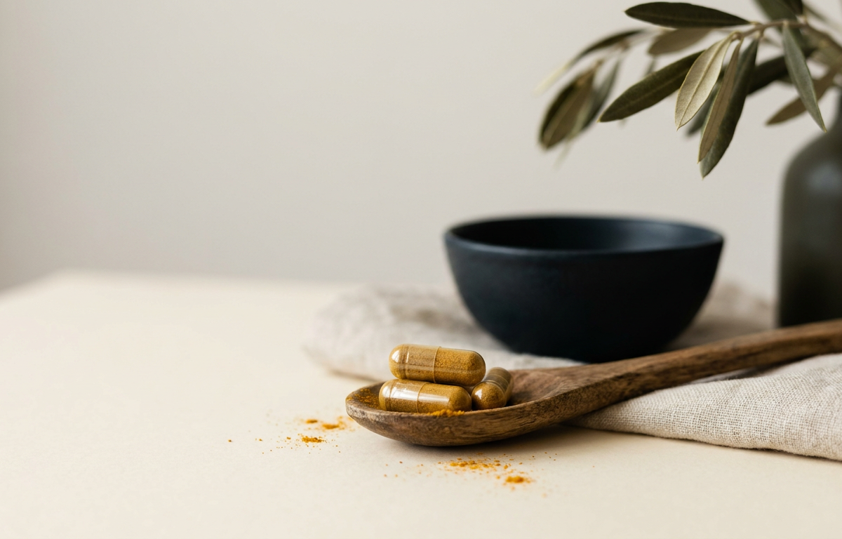 Capsule di integratore naturale e polvere di fieno greco su sfondo ligneo chiaro