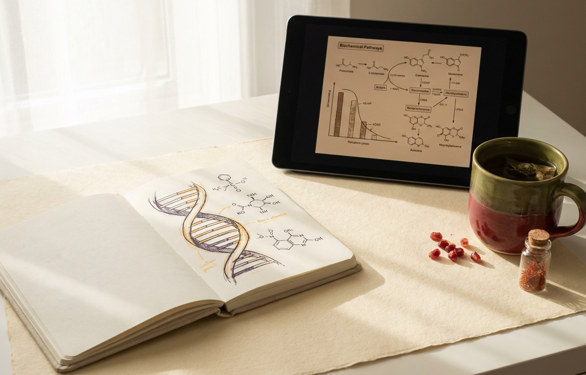 Infografica scientifica stilizzata su schermo tablet che mostra molecole di fitoestrogeni