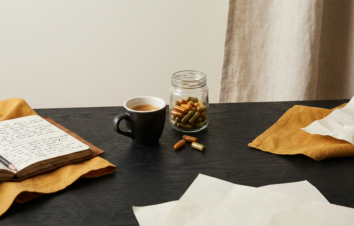 Dettaglio di capsule di integratore nootropico accanto a una tazza di caffè e appunti di lavoro