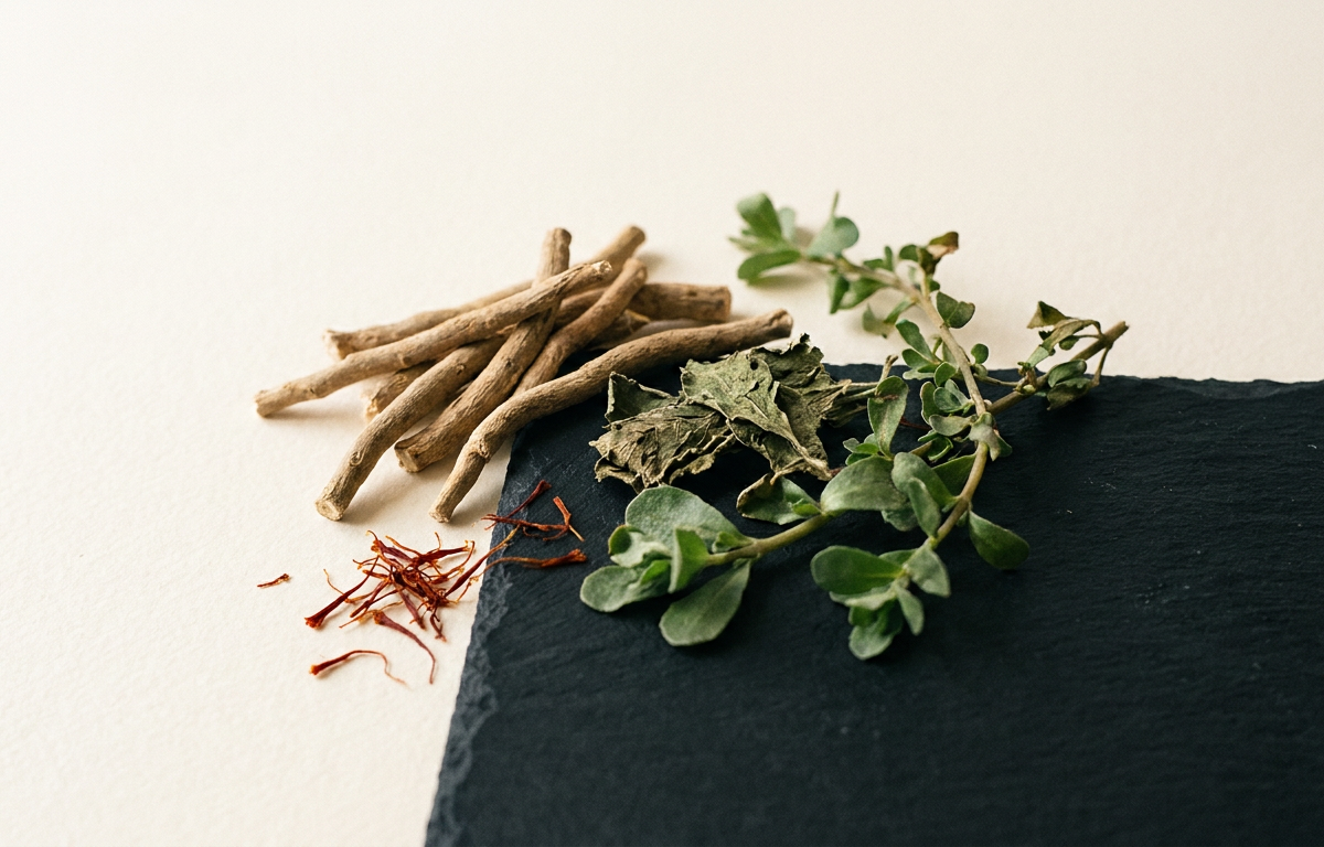 Ingredienti naturali nootropici come radice di Ashwagandha e foglie verdi su sfondo neutro