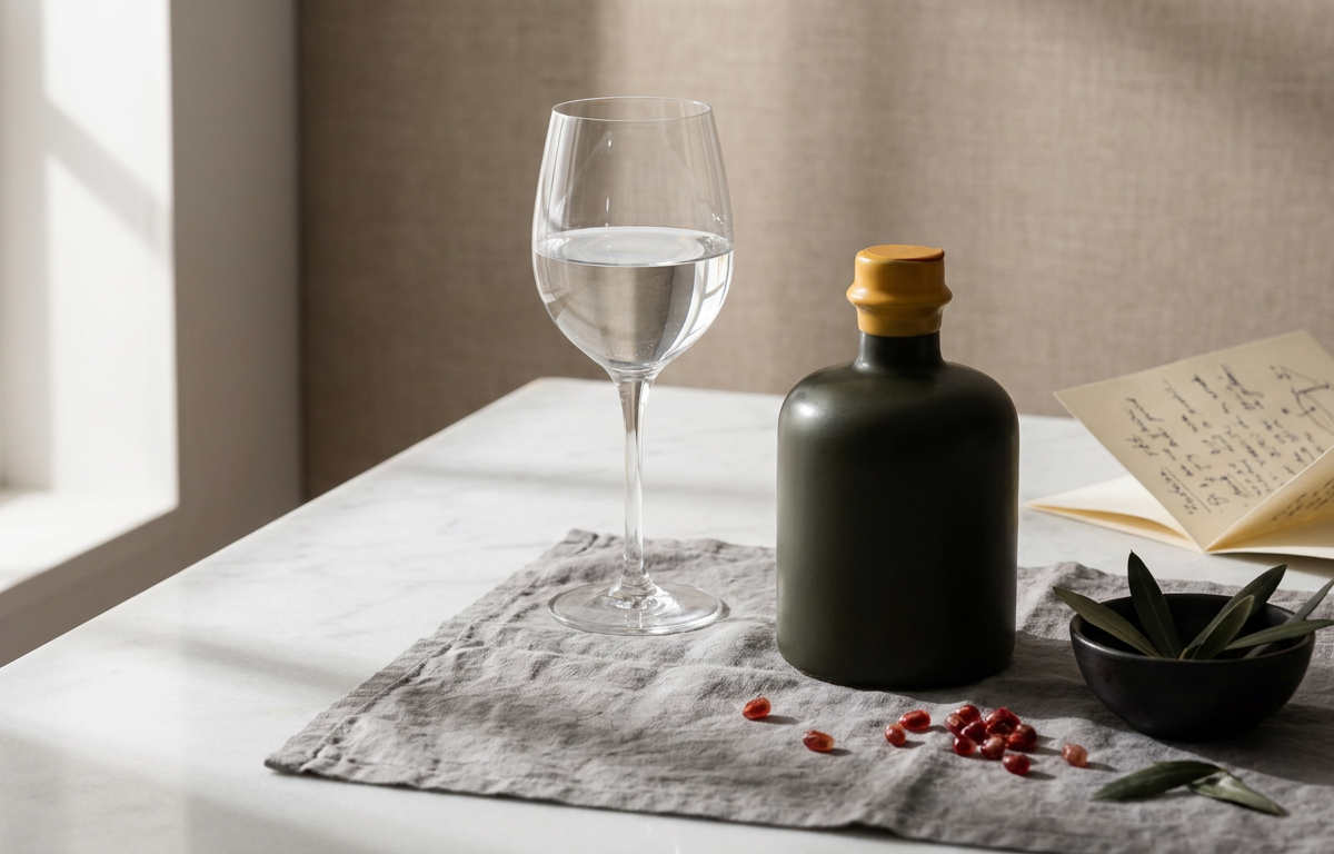 Bicchiere d'acqua e un flacone di integratore pronti per la colazione su un tavolo.