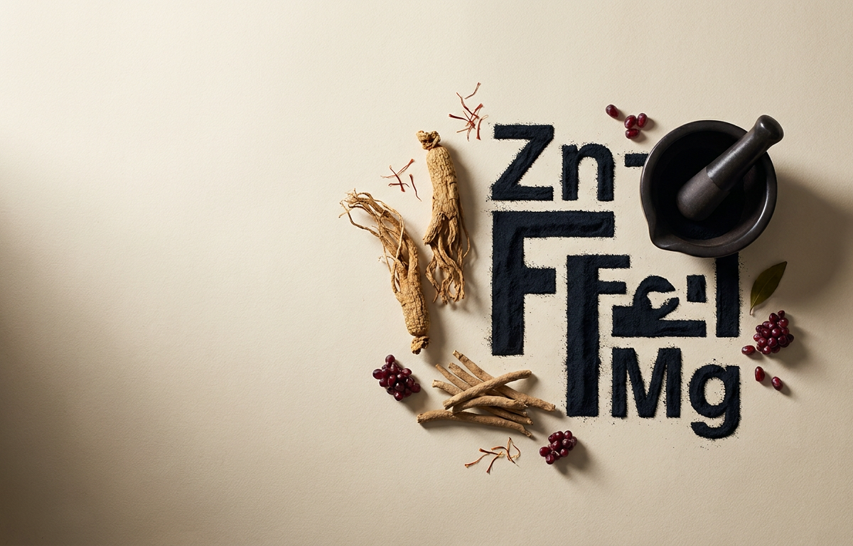 Ingredienti naturali come radice di ashwagandha e polvere di zinco su fondo neutro