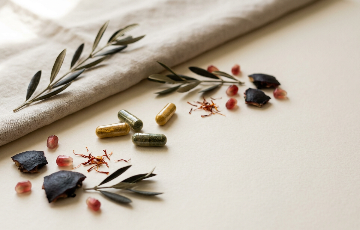 Capsule di integratore naturale accanto a semi di fieno greco e fiori di trifoglio rosso