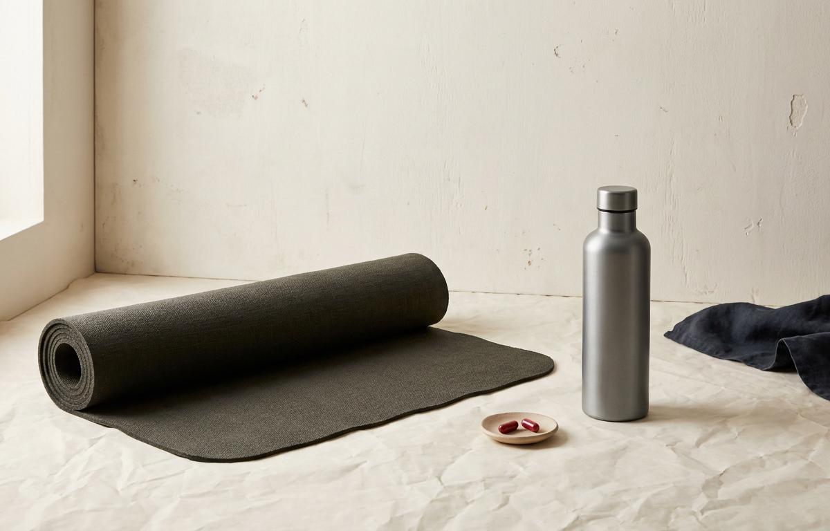 Bicchiere d'acqua e capsule di integratore su un tappetino da yoga per uno stile di vita sano