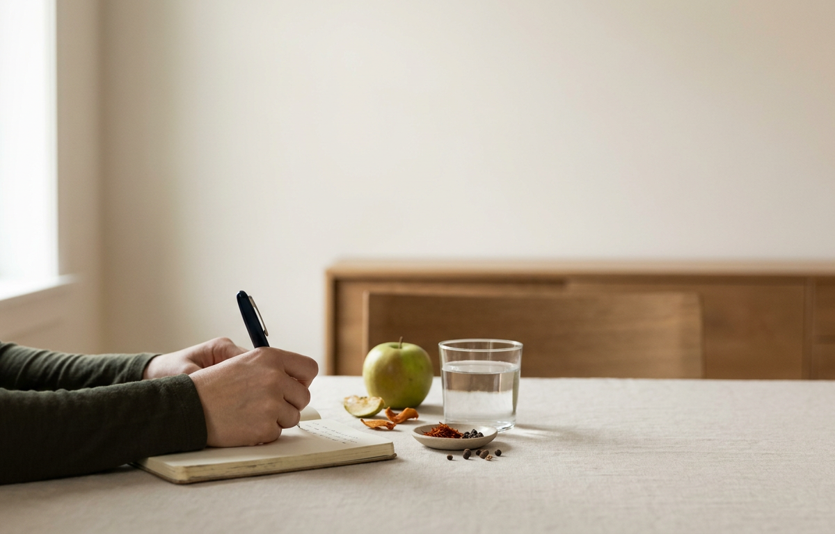 Persona che segna progressi sulla perdita di peso su un diario nutrizionale con Piperinox e frutta fresca 2026