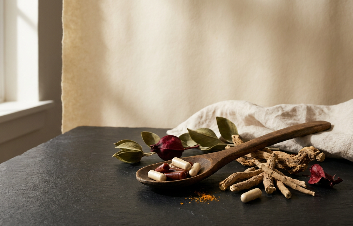 Dettaglio di capsule trasparenti con estratto botanico e radice di Ashwagandha a lato