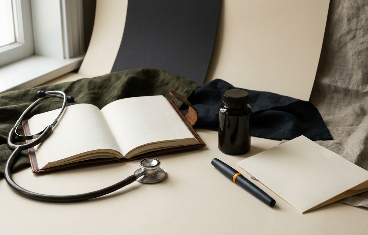 Simbolo grafico di avvertenza medico-sanitaria e prescrizione medica su scrivania professionale