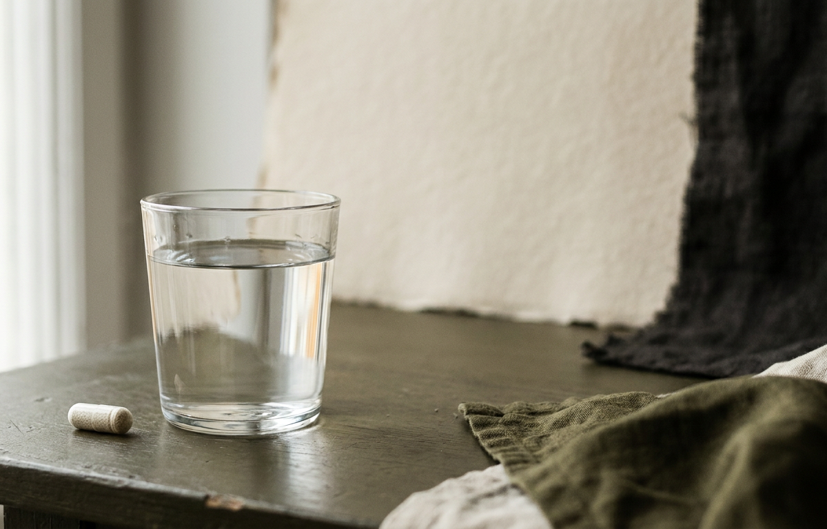 Infografica dosaggio African Mango e bicchiere d'acqua su fondo neutro