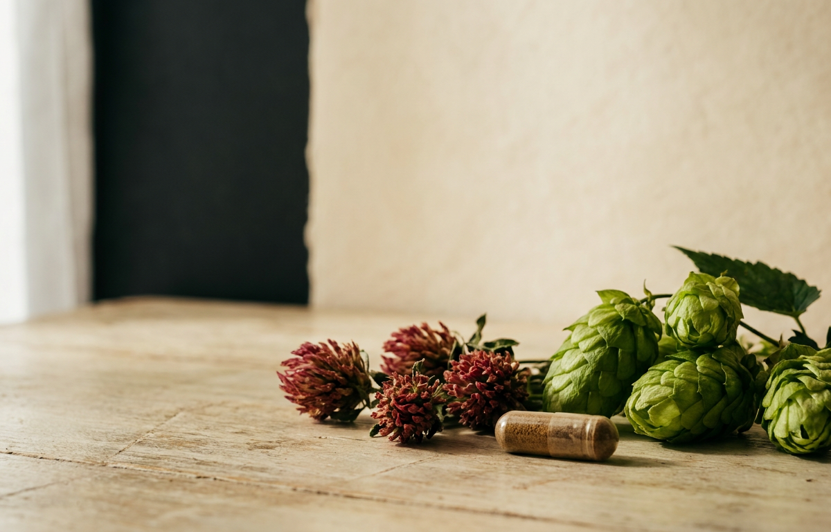 Ingredienti naturali di Bravona Forte luppolo e trifoglio rosso su sfondo neutro 2026