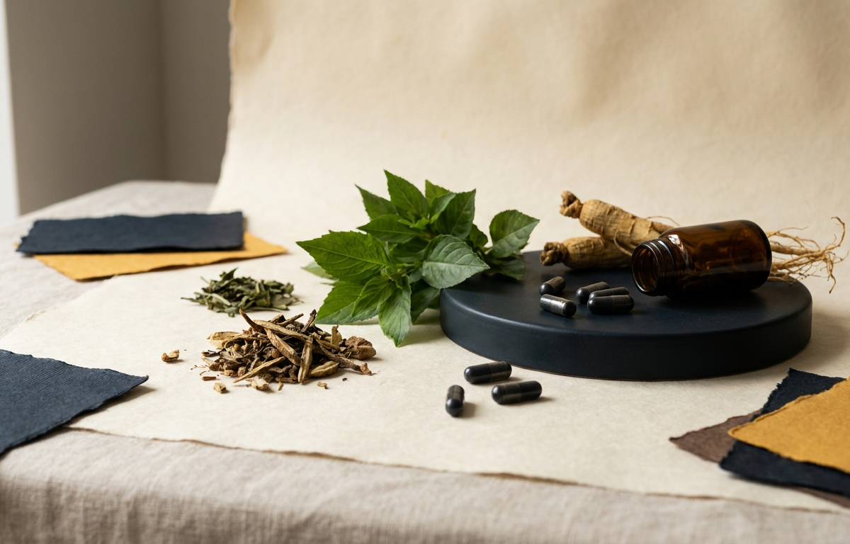 Capsule di Brain Actives isolate su fondo neutro con erbe medicinali come Bacopa e Ashwagandha intorno.