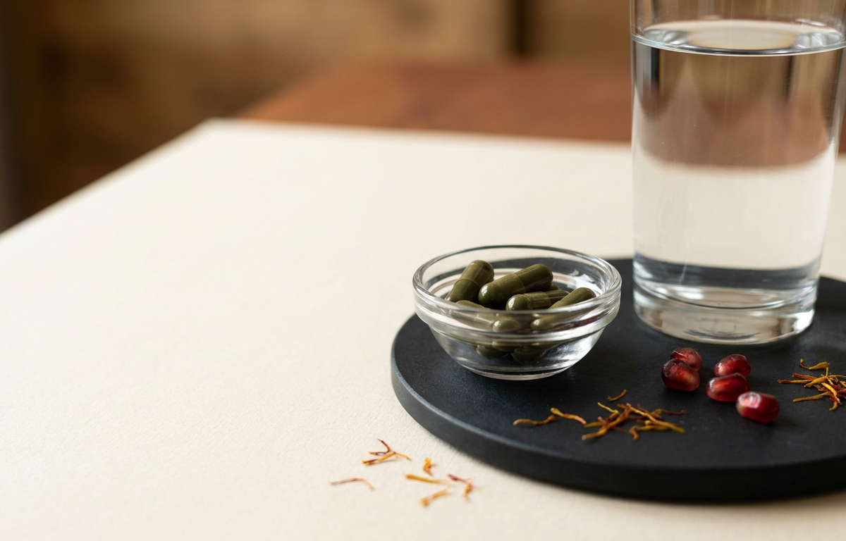 Due capsule di integratore accanto a un bicchiere d'acqua su una superficie di lino.