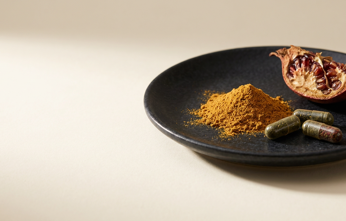Estratto di Ashwagandha in polvere e capsule su sfondo neutro per il benessere maschile