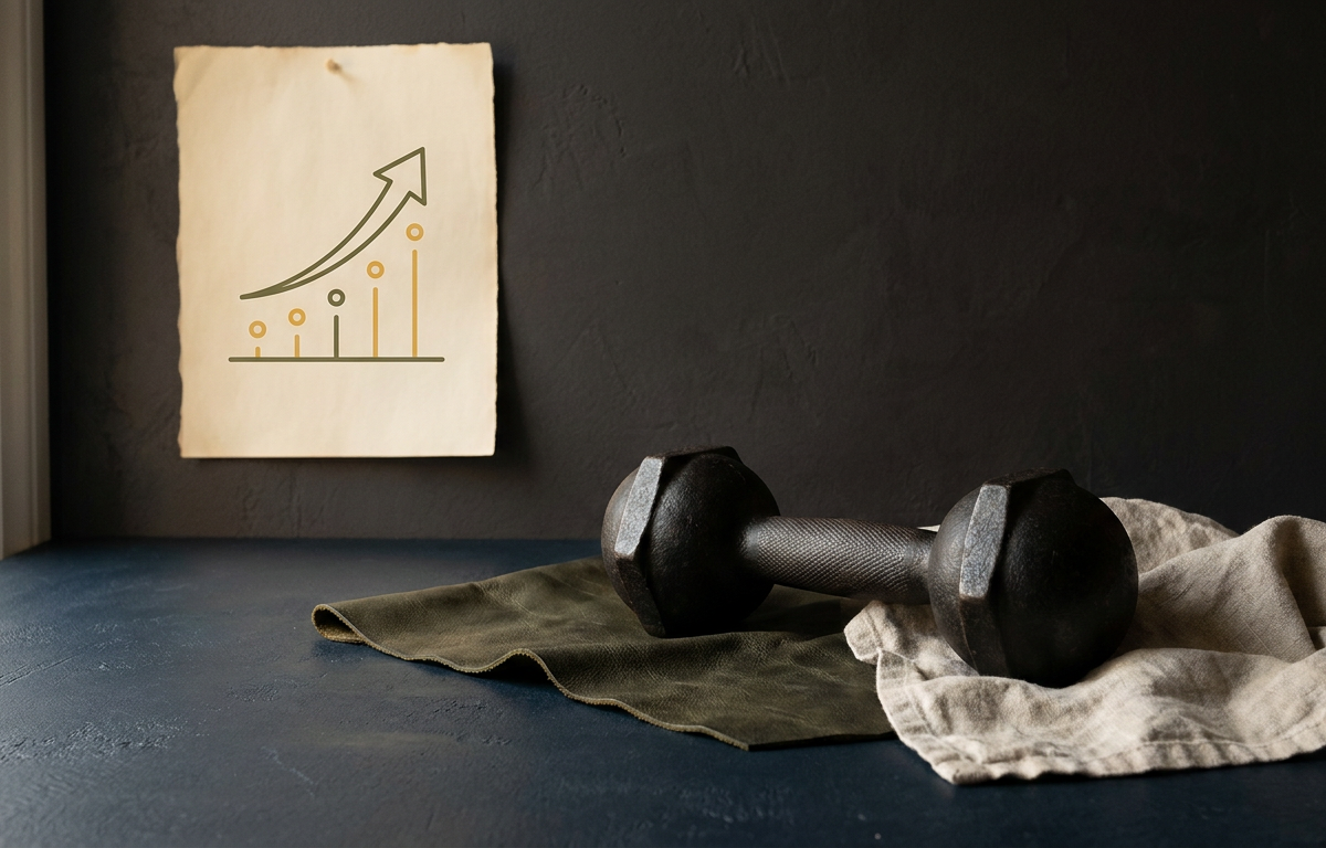 Grafico stilizzato della vitalità maschile e molecola di testosterone accanto a un manubrio da palestra