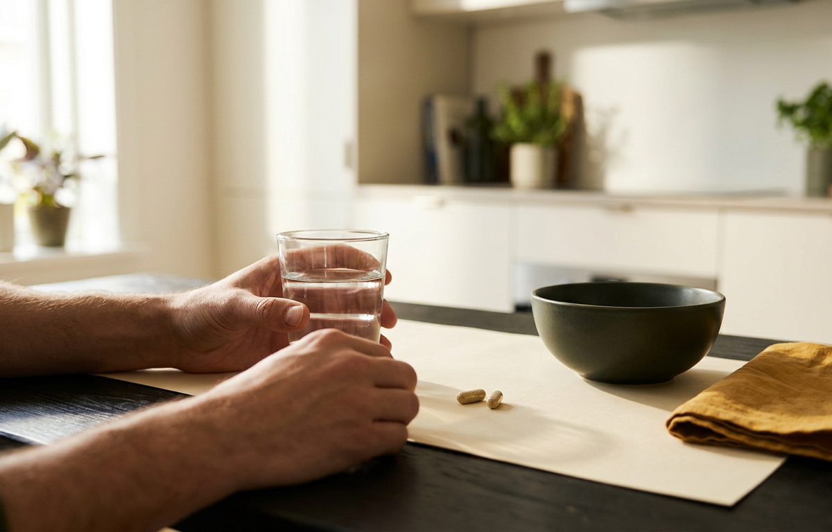Un uomo che beve acqua e assume vitamine al mattino in una cucina luminosa