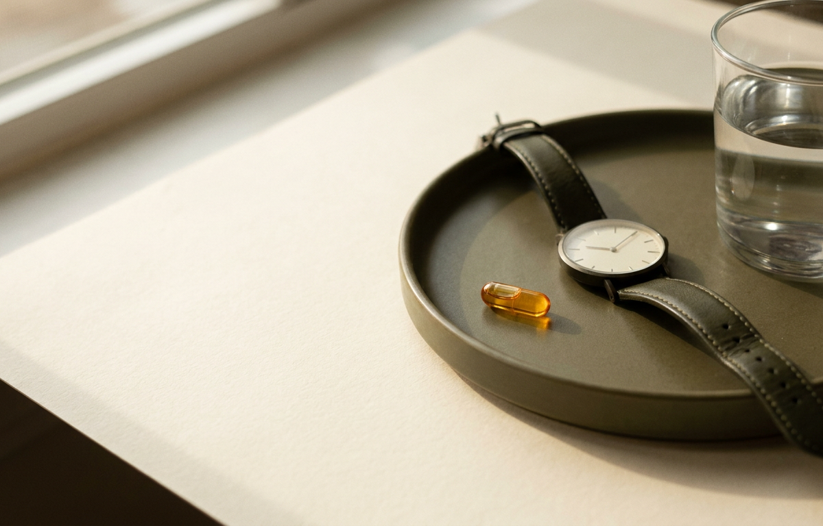 Dettaglio di un orologio e un flacone di integratori per simboleggiare il corretto timing di assunzione.