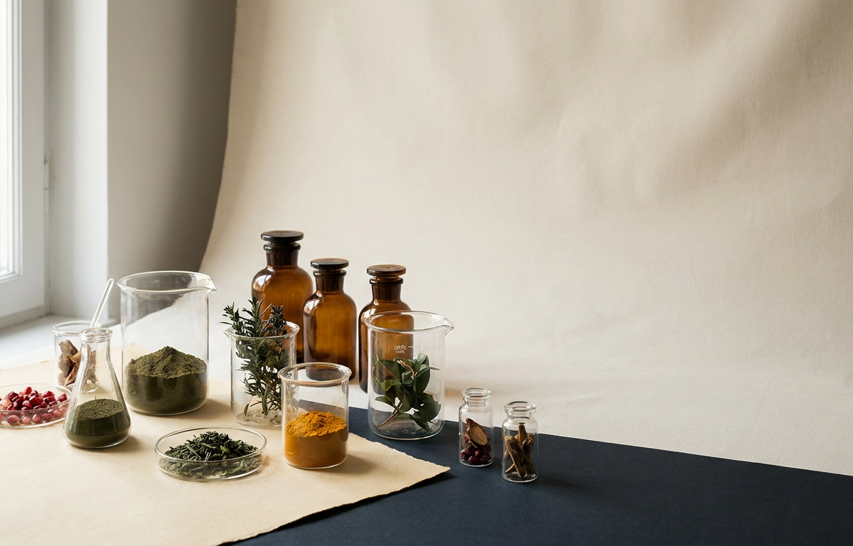 Foglie di Bacopa monnieri e radice di Ashwagandha su un tavolo da laboratorio pulito