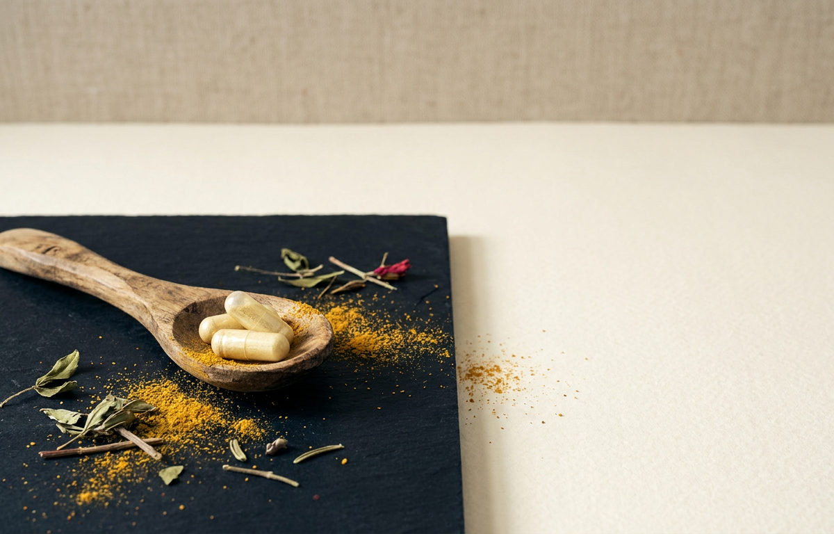 Capsule di integratore naturale con estratto di fieno greco e luppolo su un cucchiaio di legno