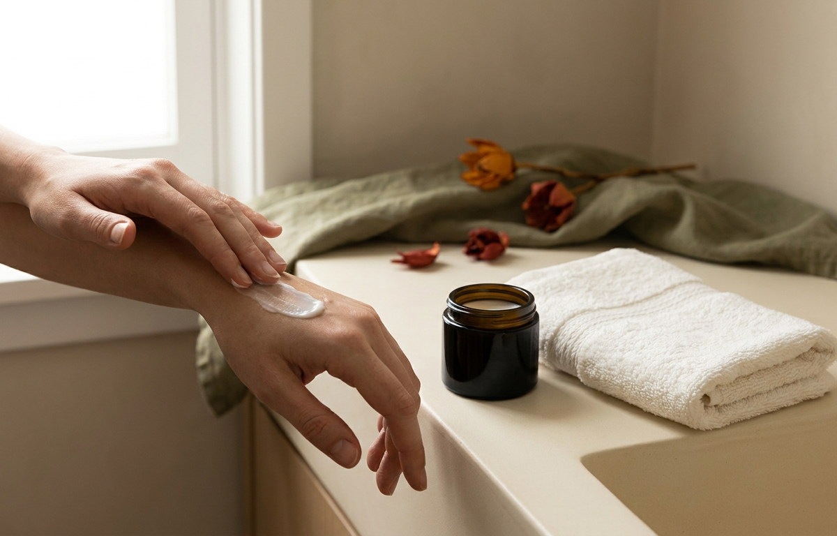 Donna che applica una crema idratante sulla pelle del décolleté con cura e attenzione