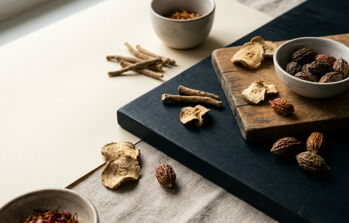 Erbe officinali, zinco e radice di maca disposte su un vassoio di legno.