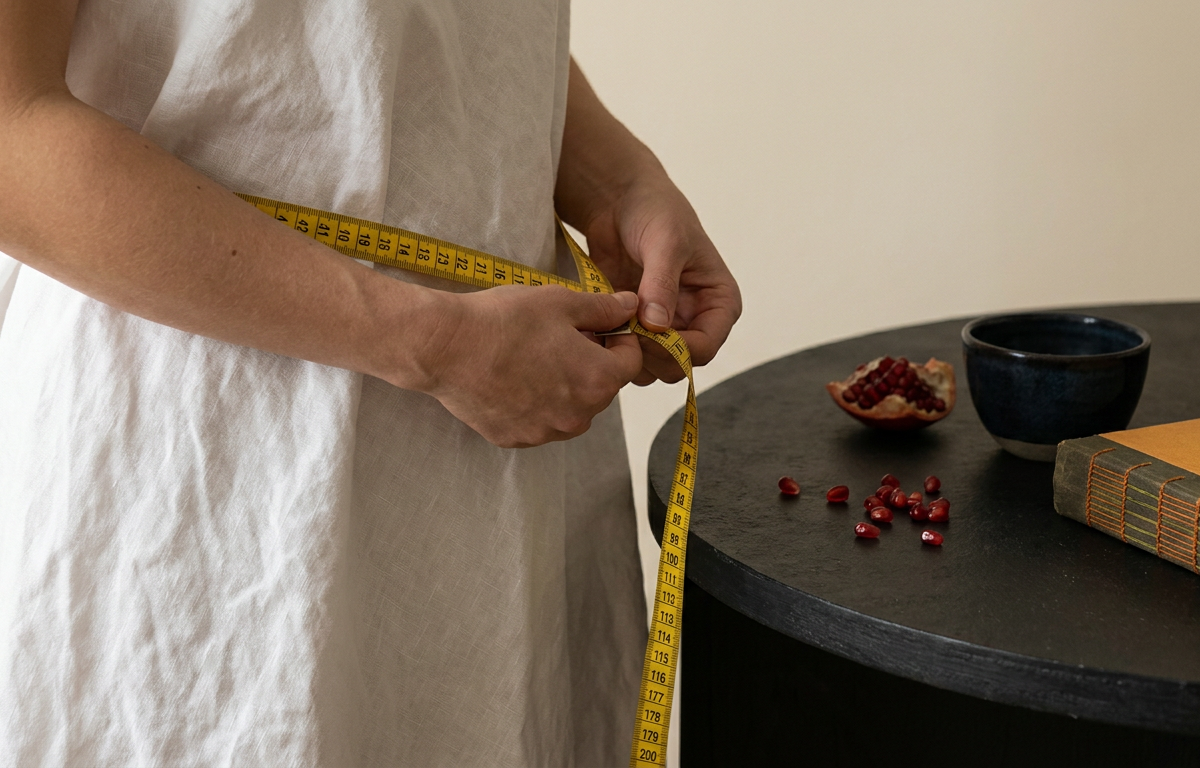 Donna che misura il punto vita dopo un ciclo di integrazione alimentare naturale