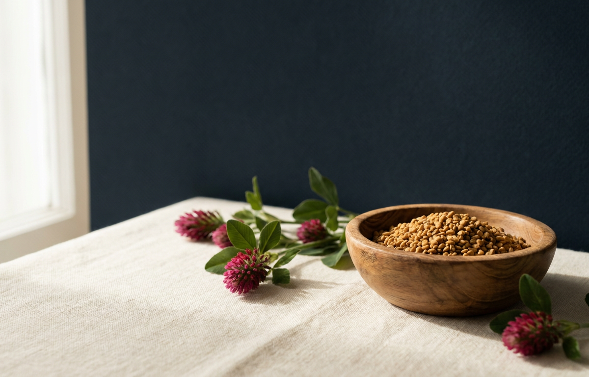 Dettaglio ingredienti naturali di Bravona Forte: semi di fieno greco e fiori di trifoglio rosso su legno