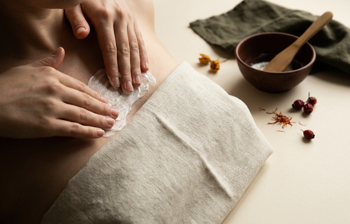 Applicazione crema per il seno con massaggio circolare delicato su pelle curata