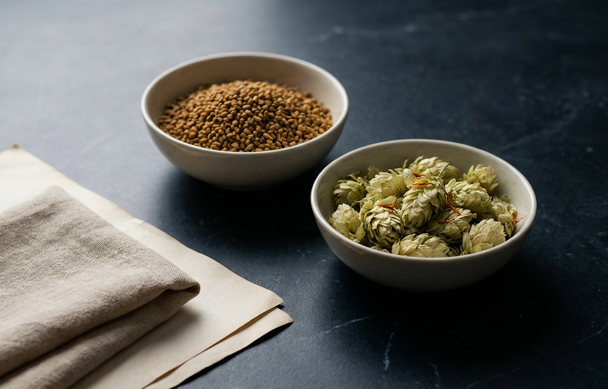 Capsule di integratore naturale e polvere di erbe con fieno greco e luppolo.