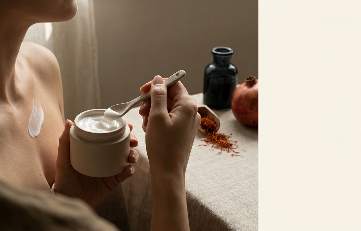 Donna che applica una crema idratante sul decolleté con movimenti circolari.