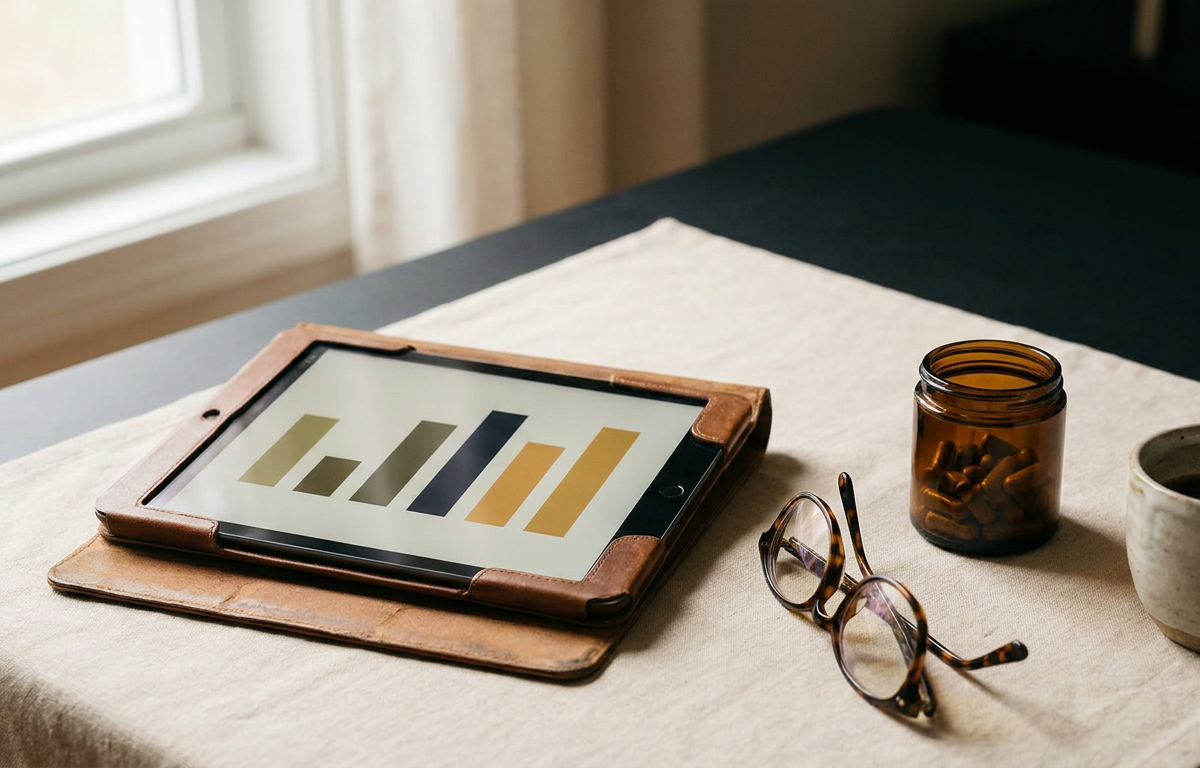 Schermo di un tablet che mostra grafici di ricerca scientifica e un flacone di integratore acai.