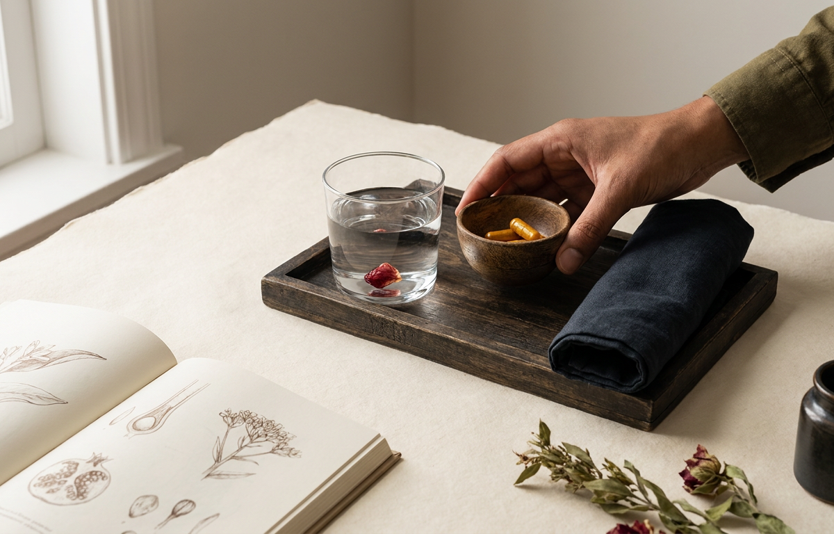 Due capsule di integratore accanto a un bicchiere d'acqua per la routine mentale.