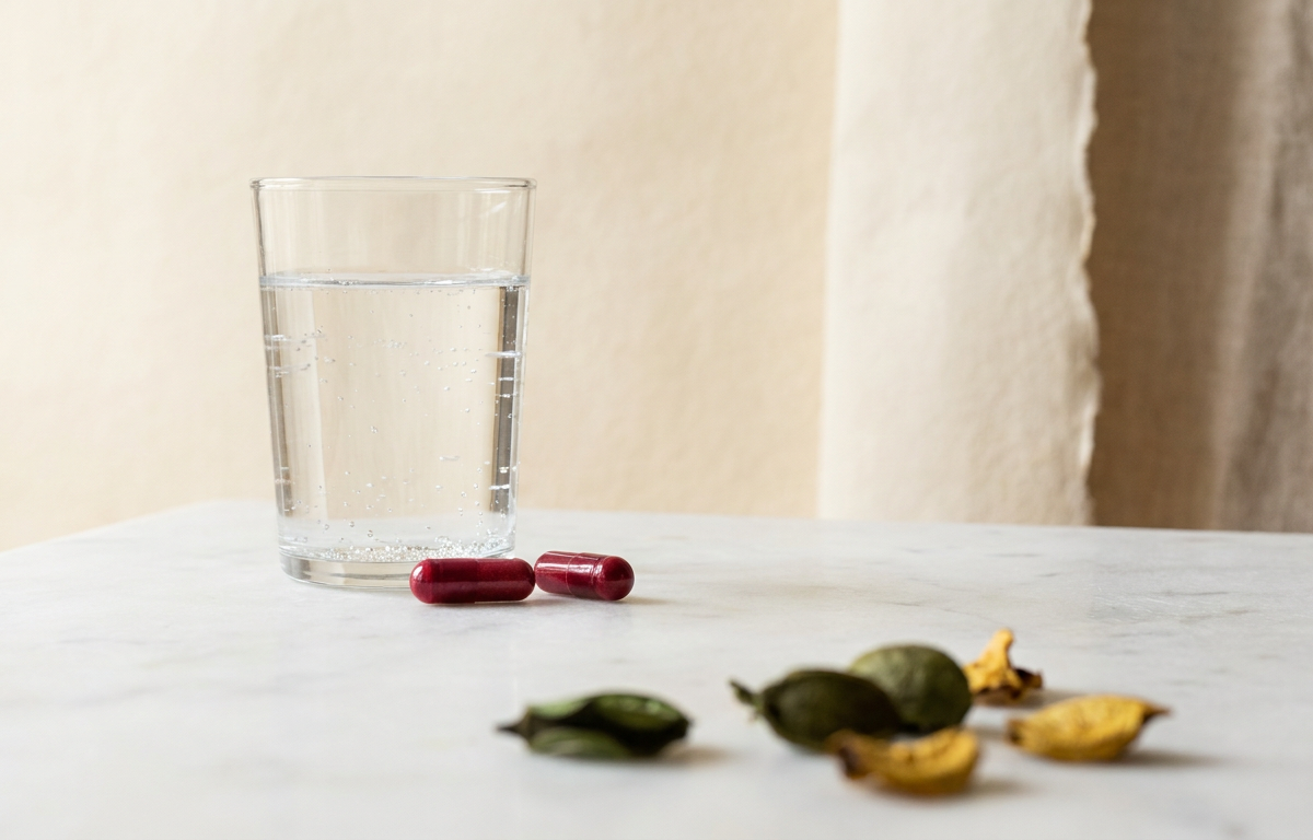 Capsule di Acai Berry Extreme accanto a un bicchiere d'acqua fresca