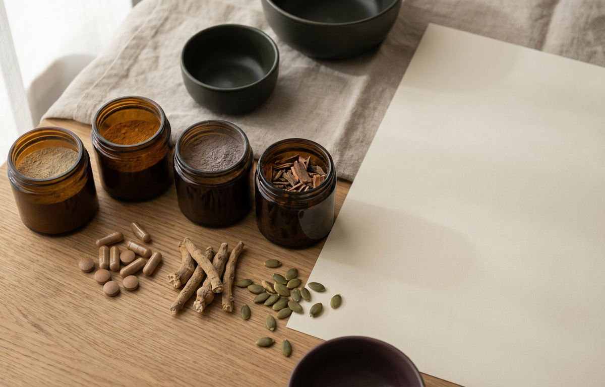 Capsule di integratore e ingredienti naturali come radici e semi su un tavolo di legno.