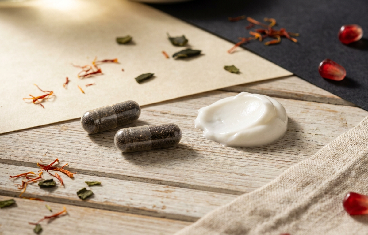 Dettaglio di capsule trasparenti con estratto vegetale e crema soffice su una superficie di vetro.