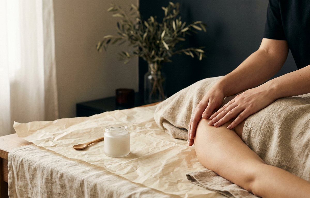 Donna che esegue un massaggio delicato al décolleté con una crema fluida.