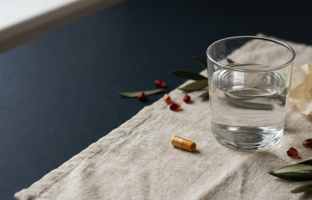 Dosaggio di African Mango in capsule accanto a un bicchiere d'acqua per il controllo del peso