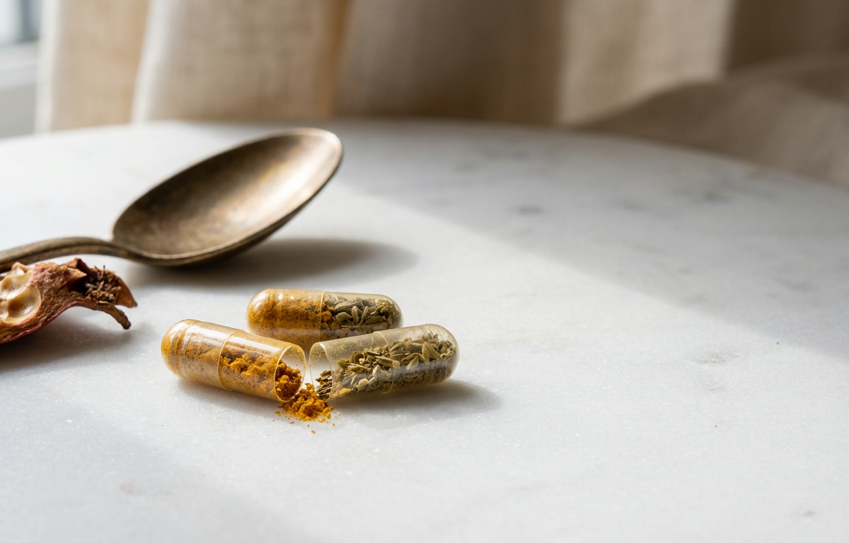 Dettaglio di capsule trasparenti con polvere di estratti vegetali per la memoria 2026