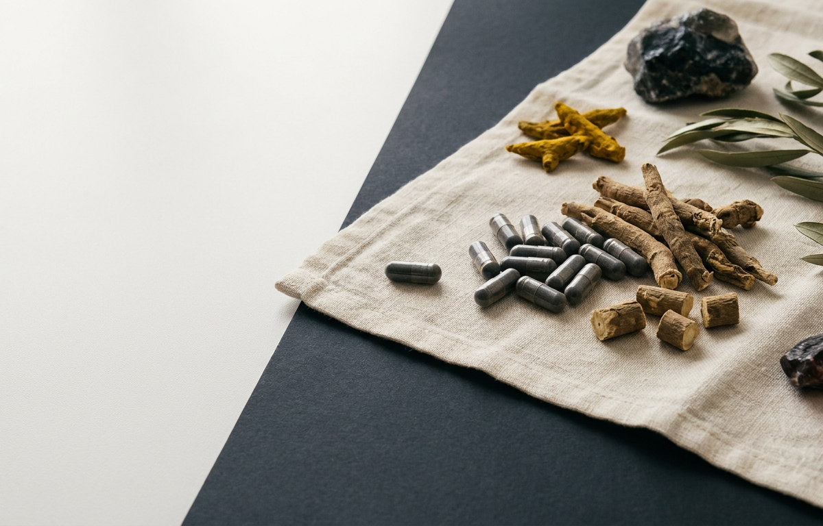 Primo piano di capsule di Bulk Extreme accanto a polvere di ashwagandha e zinco