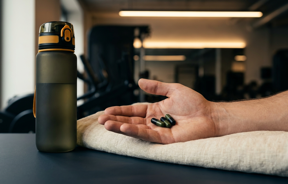 Uomo che assume capsule di Bulk Extreme prima di un allenamento in palestra moderna 2026